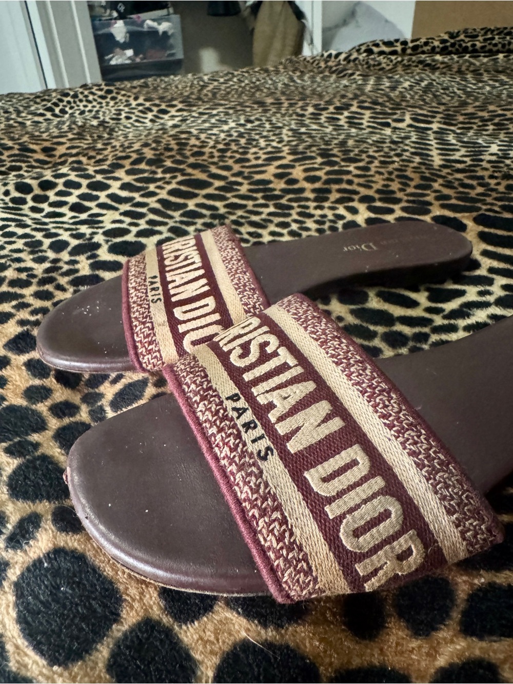 Dior Burgundy and Cream Logo Slide Sandals - Picture 4 of 5